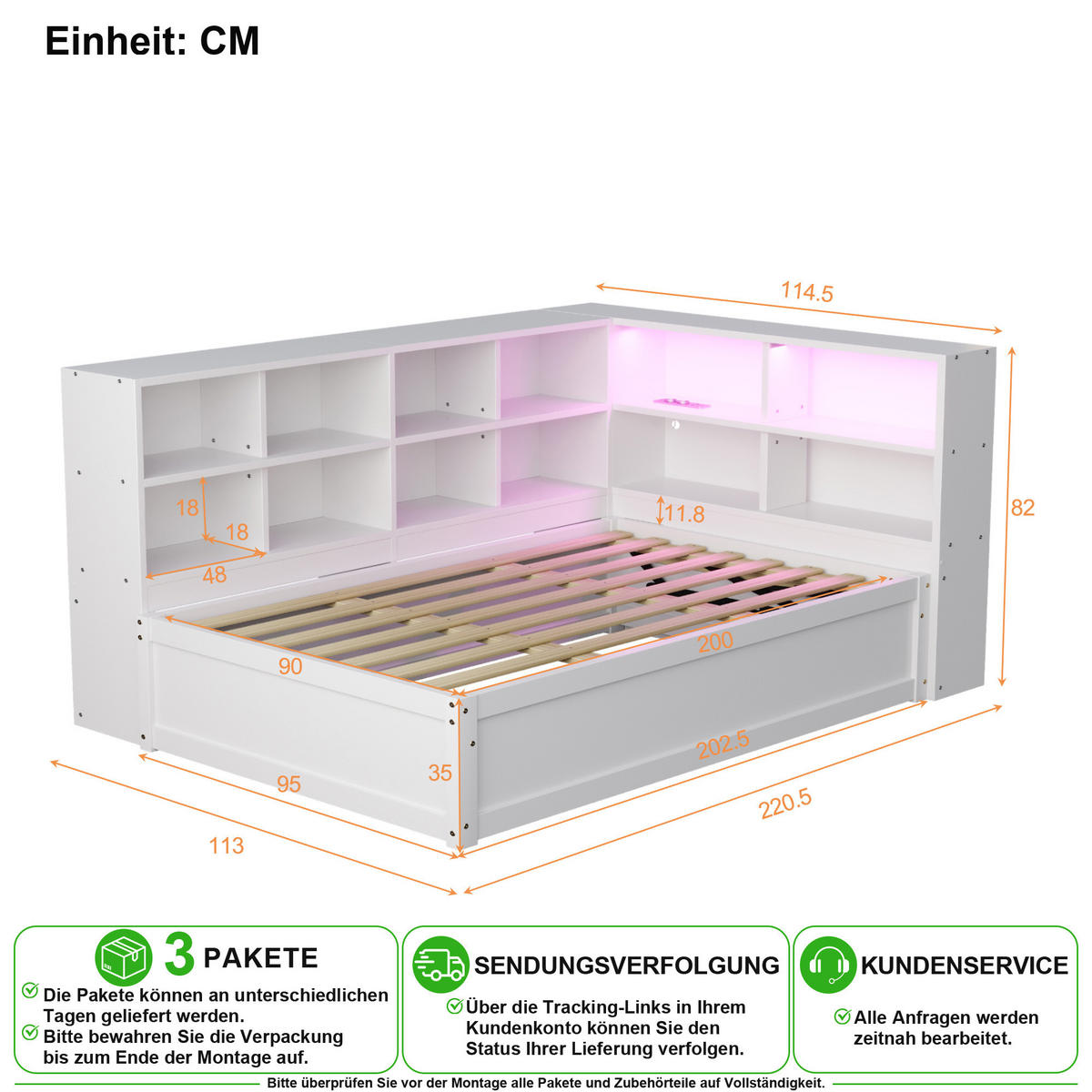 SCHLAFSOFA 90/200 cm in Weiß mit Stauraum, LED und Steckdose - Weiß, Holz/Holzwerkstoff (90/200cm) - CHICFURN
