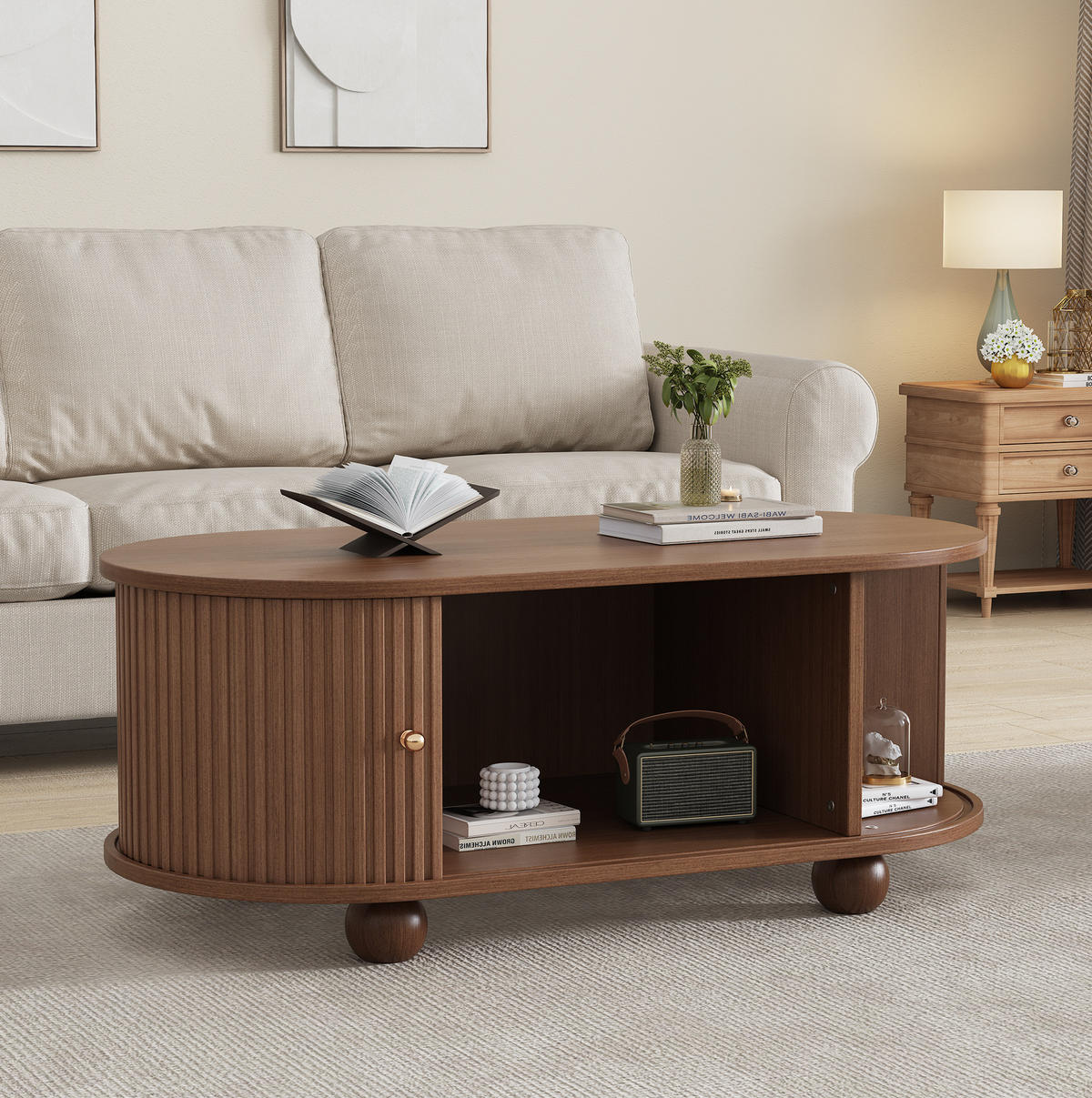COUCHTISCH 100/50/40 cm walnussfarben aus MDF mit Schiebetüren und Stauraum - Walnussfarben, Holzwerkstoff (100/50/40cm) - OKWISH