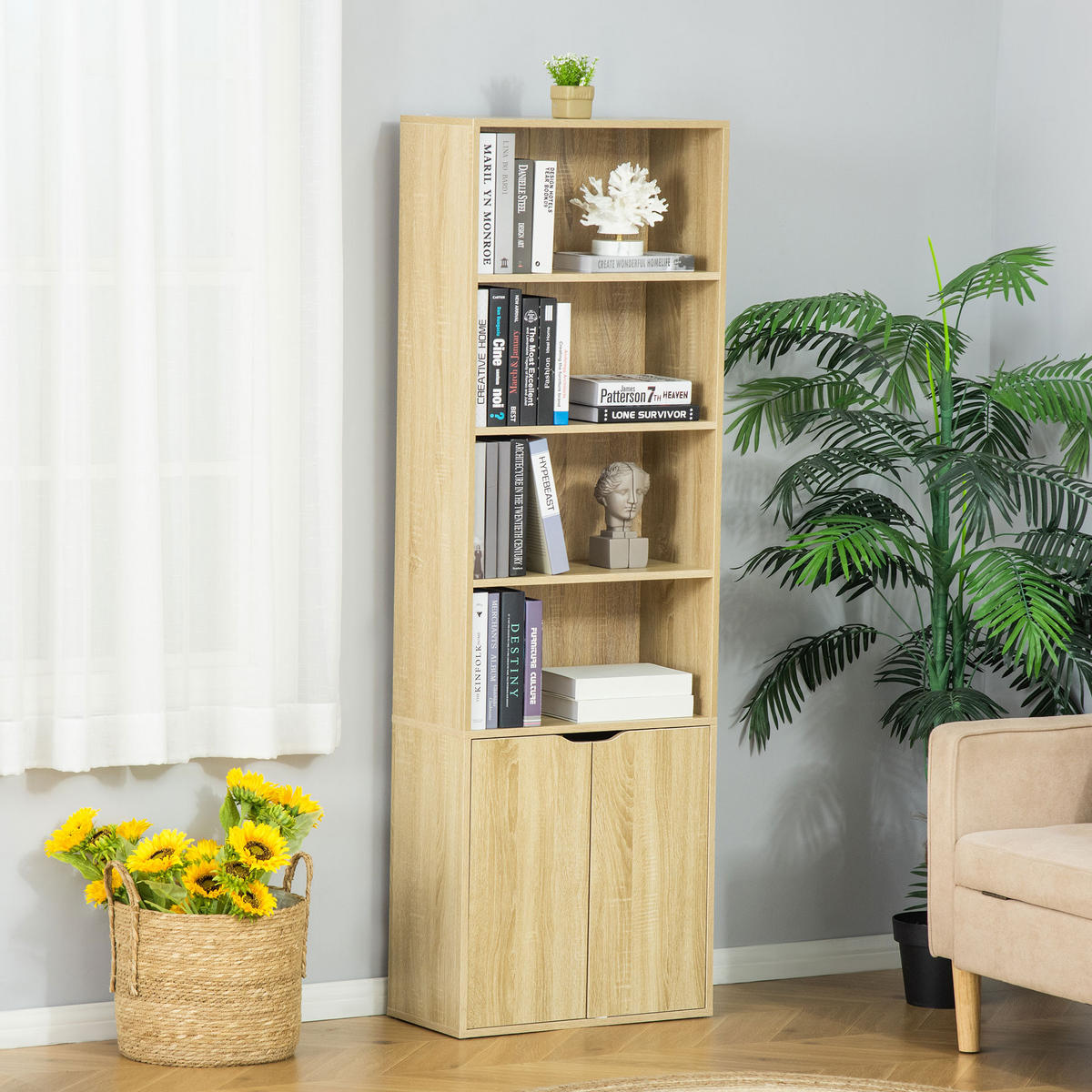 AKTENREGAL DE-14464 mit 4 offenen Fächern und 2 Türen Naturholz - Naturfarben, Holzwerkstoff (29/180/59cm) - ComfortXL