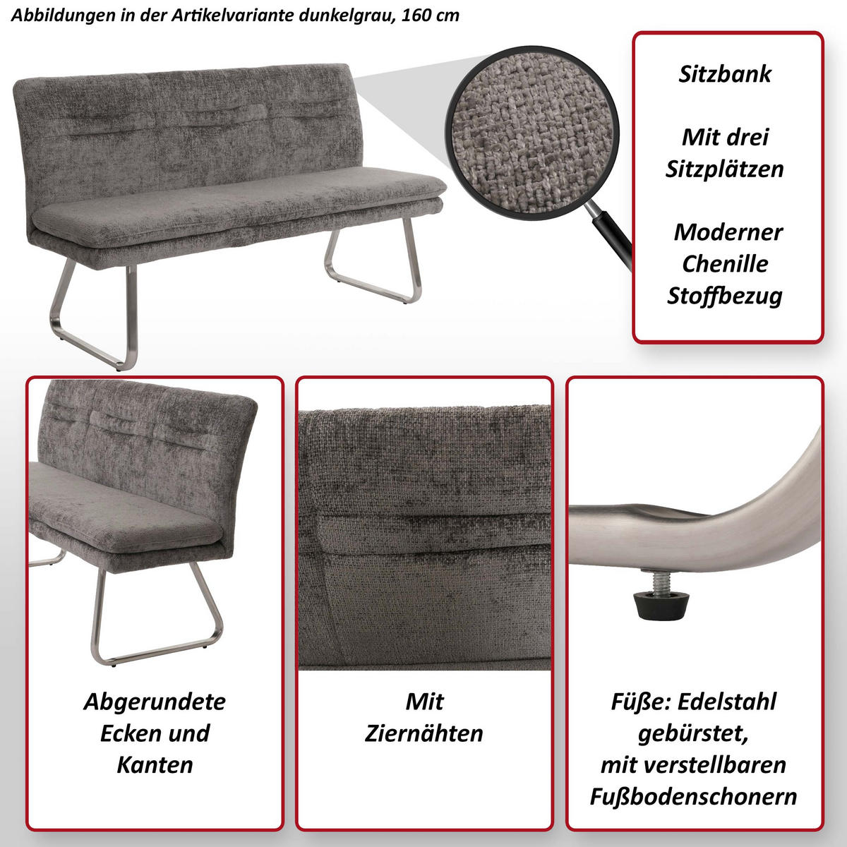 SITZBANK Grau - Grau, Textil (160/90/58cm) - MCW