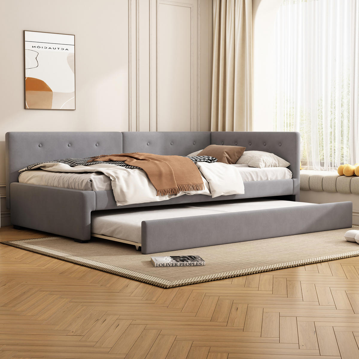 TAGESBETT 90/200 cm mit ausziehbarem Rollbett, Samtbezug und Lattenrost, Grau - Grau, Textil (90/200cm) - Redom