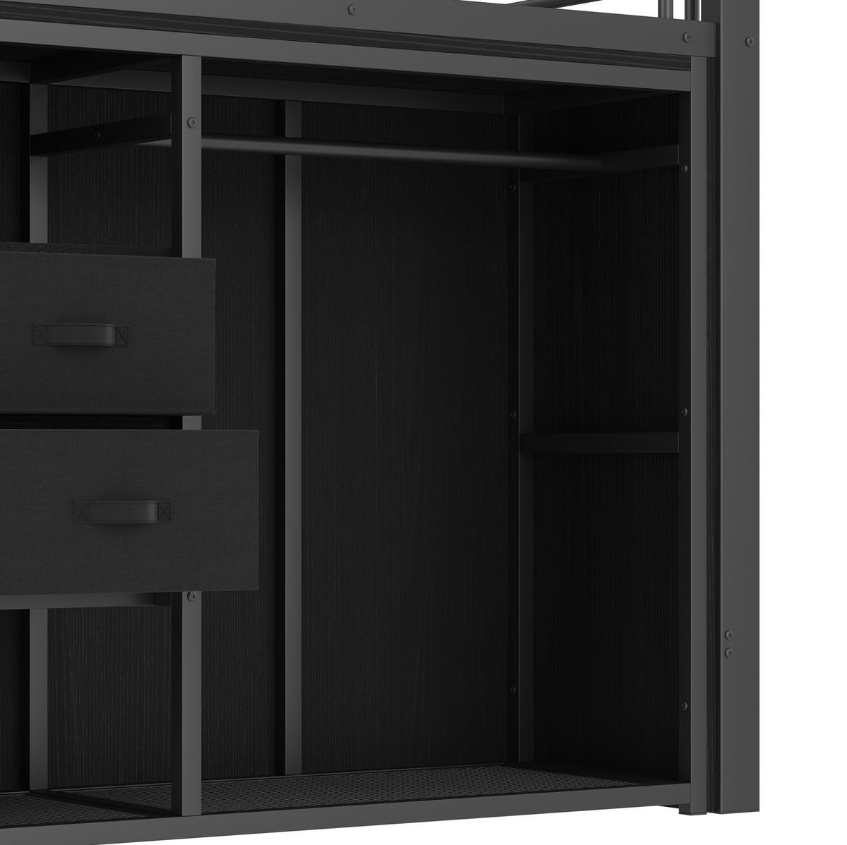 HALBHOCHBETT aus Metall und MDF 90x200 cm Schwarz mit 2 Schubladen, Kleiderstange und LED-Beleuchtung - Schwarz, Metall (90/200cm) - IVMEU