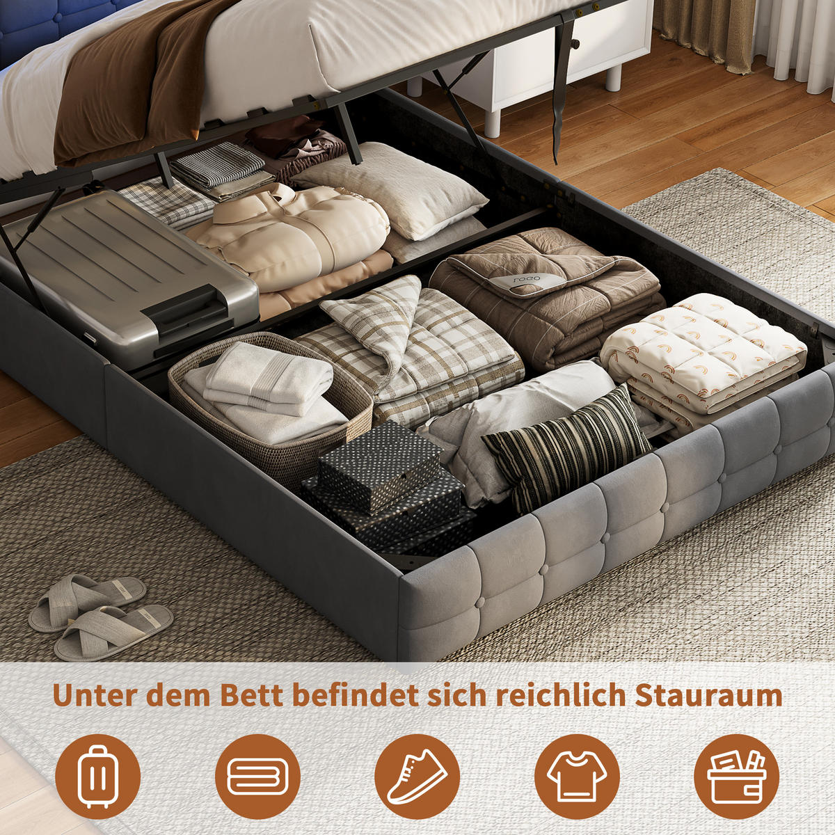 BETT 140x200 mit 2 Schubladen am Kopfteil, Hydraulik-Stauraum, LED und USB, Samt in Grau - Grau, Holz (140/200cm) - BRILVERDE