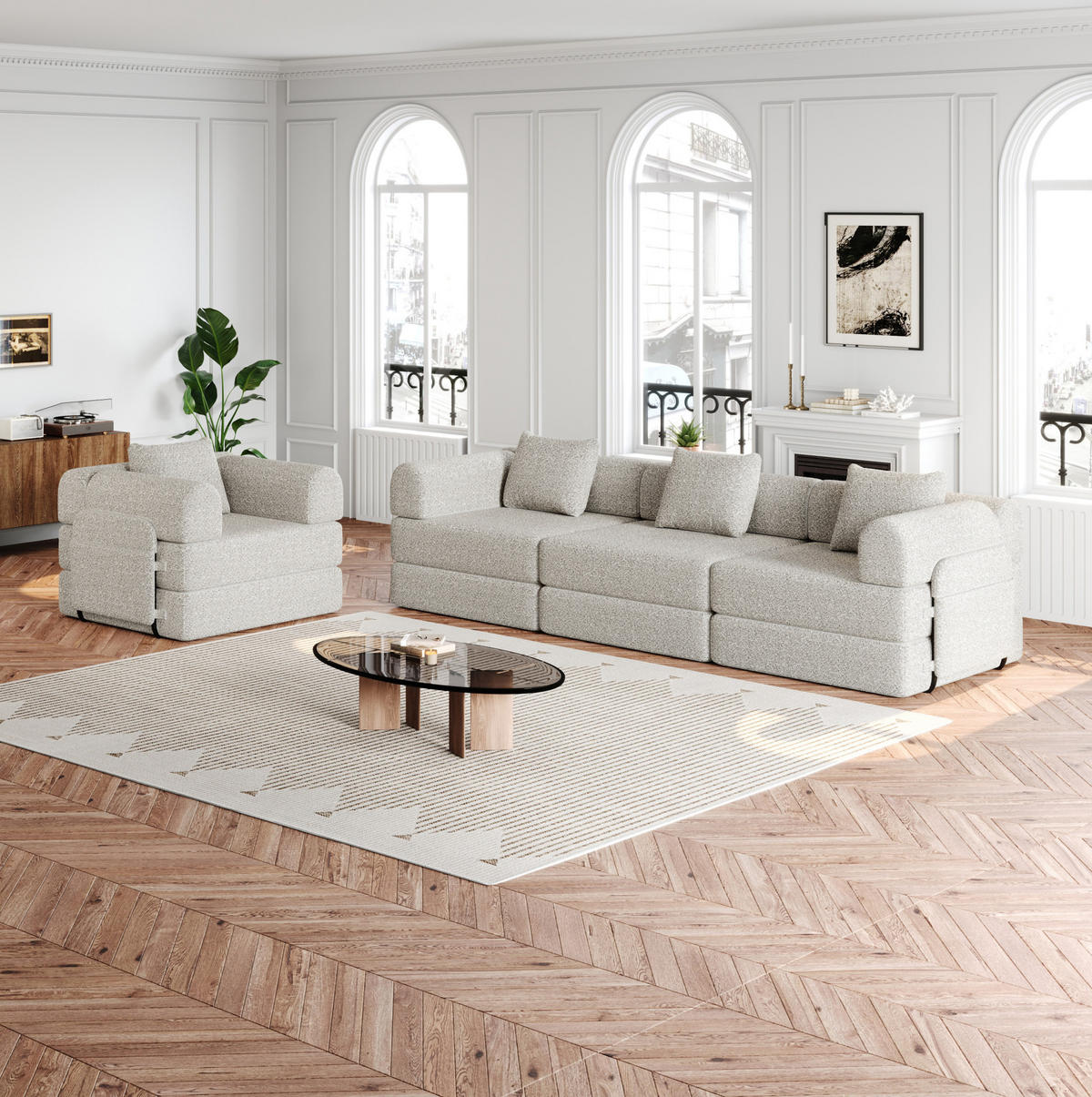 SCHLAFSOFA 2-in-1 aus Chenille, mit Armlehnen-Staufach, 91,4/183,8/69,8 cm, Beige - Beige, Textil (91.4/69.8/183.8cm) - Redom
