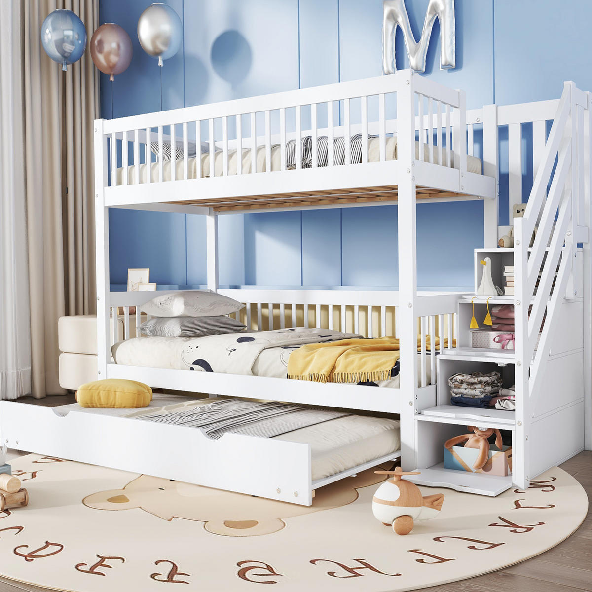 ETAGENBETT aus Kiefer und MDF 90x200/190 cm Weiß mit Rollbett, Leiterschrank und Rundum-Fallschutz - Weiß, Holzwerkstoff (90/200cm) - Modfu
