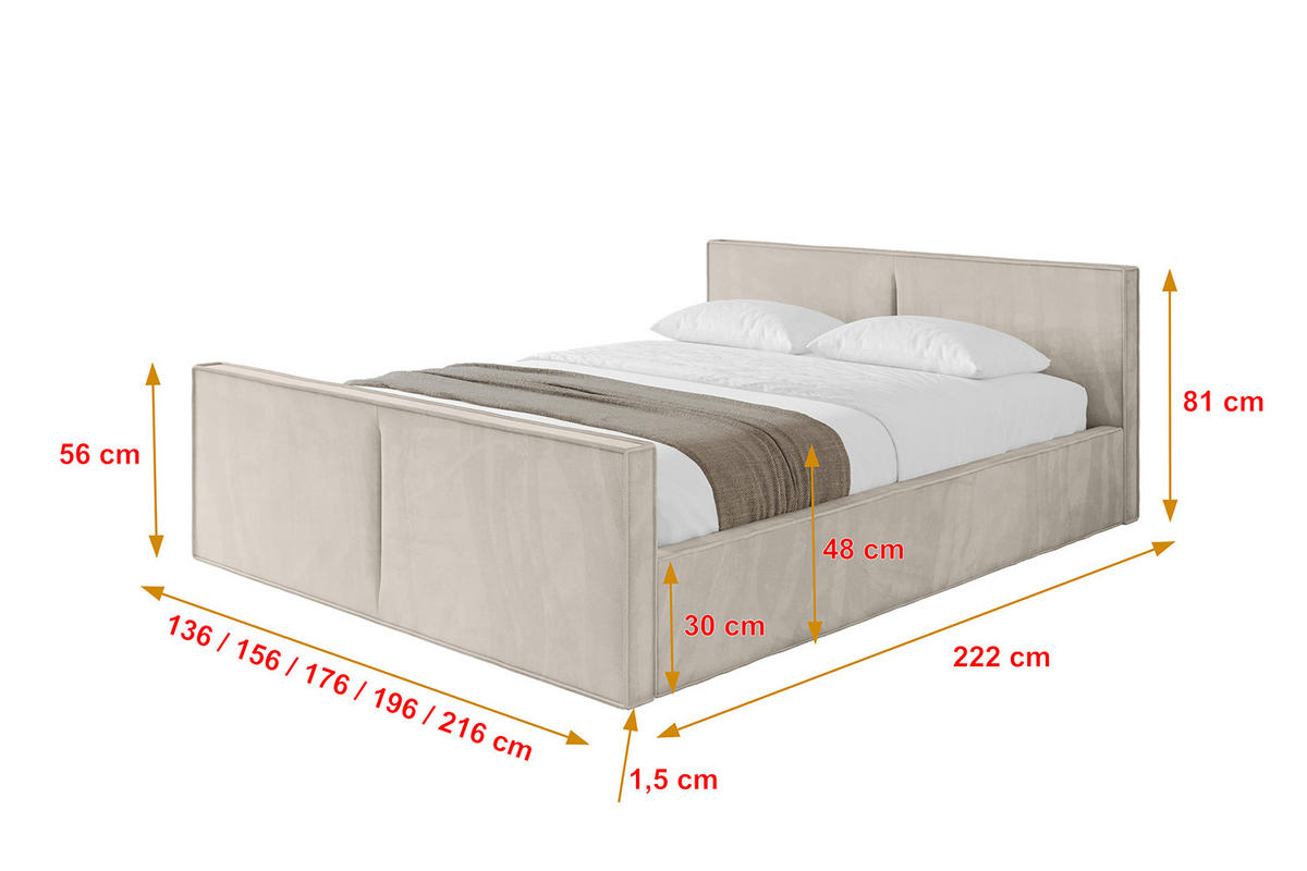POLSTERBETT mit Bettkasten, Fußteil und Lattenrost, Boxbett mit Matratze H3/H4 - EMMI-Z-V1 180x200 Beige - Beige, Holzwerkstoff/Textil (180/200cm) - ALTDECOR