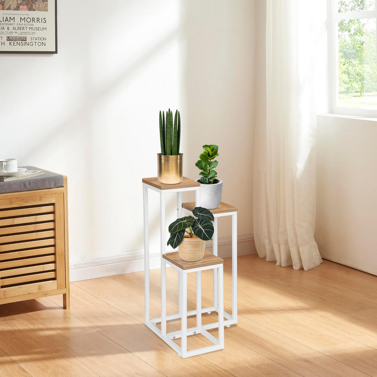 BLUMENSTÄNDER mit 3 Ablagen - Eiche Bianco, Metall (34/34/67cm) - Mat-Haus