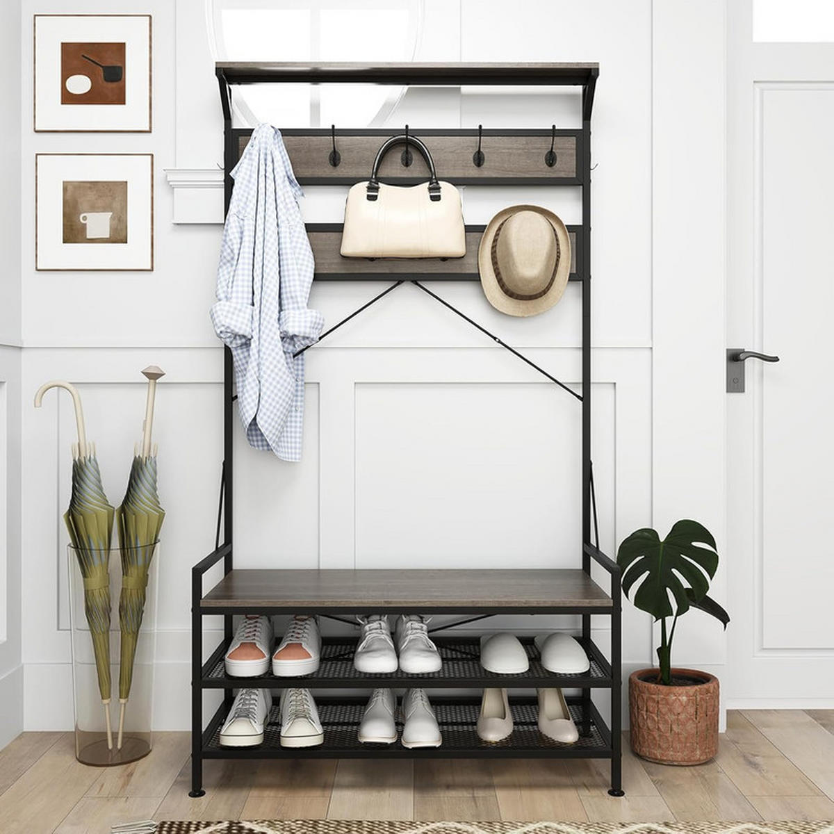 GARDEROBENSTÄNDER mit Schuhablage grau - Grau, Holzwerkstoff (102/184/40cm) - COSTWAY