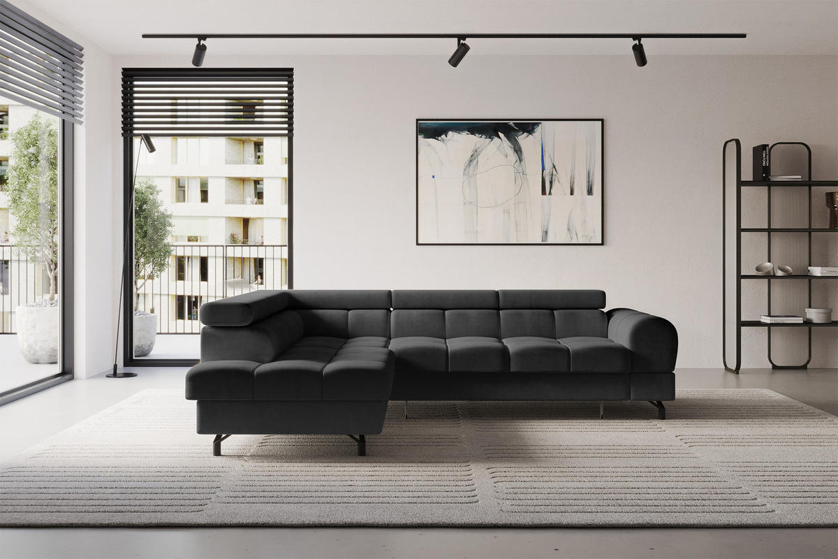 ECKSOFA mit Schlaffunktion Ottomane Links LUMA-L 272x203x70 Schwarz Velours - Schwarz, Holzwerkstoff/Kunststoff (272/203cm) - ALTDECOR