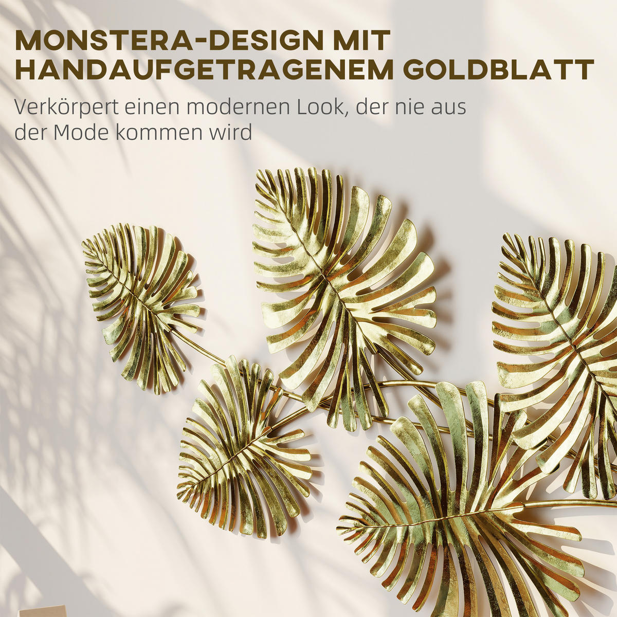 WANDDEKO Wandbild Monstera-Wanddekoration Metallbild für Schlafzimmer - Goldfarben, Metall (2.5/39/83cm) - HOMCOM