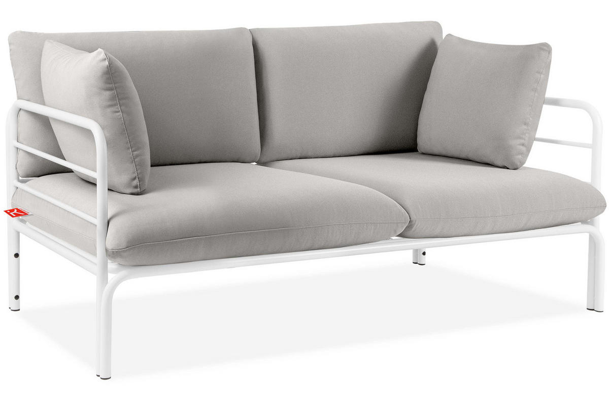 GARTENMÖBELSET RAMBE 4-tlg. 1x Tisch 2x Sessel 1x Sofa 2-Sitzer, mit Kissen, LOFT-STIL, Weiß/Hellgrau - Hellgrau/Weiß, Textil/Metall - KONSIMO®