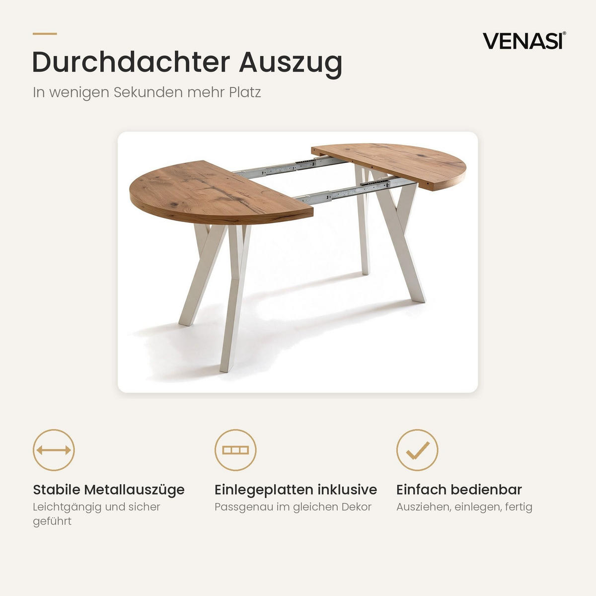 ESSTISCH ausziehbar rund ATO, 100-200 cm, Dekor Lancelot, weiße Holzbeine - Weiß/Braun, Holzwerkstoff/Buchenholz (100/100/77cm) - VENASI MÖBEL