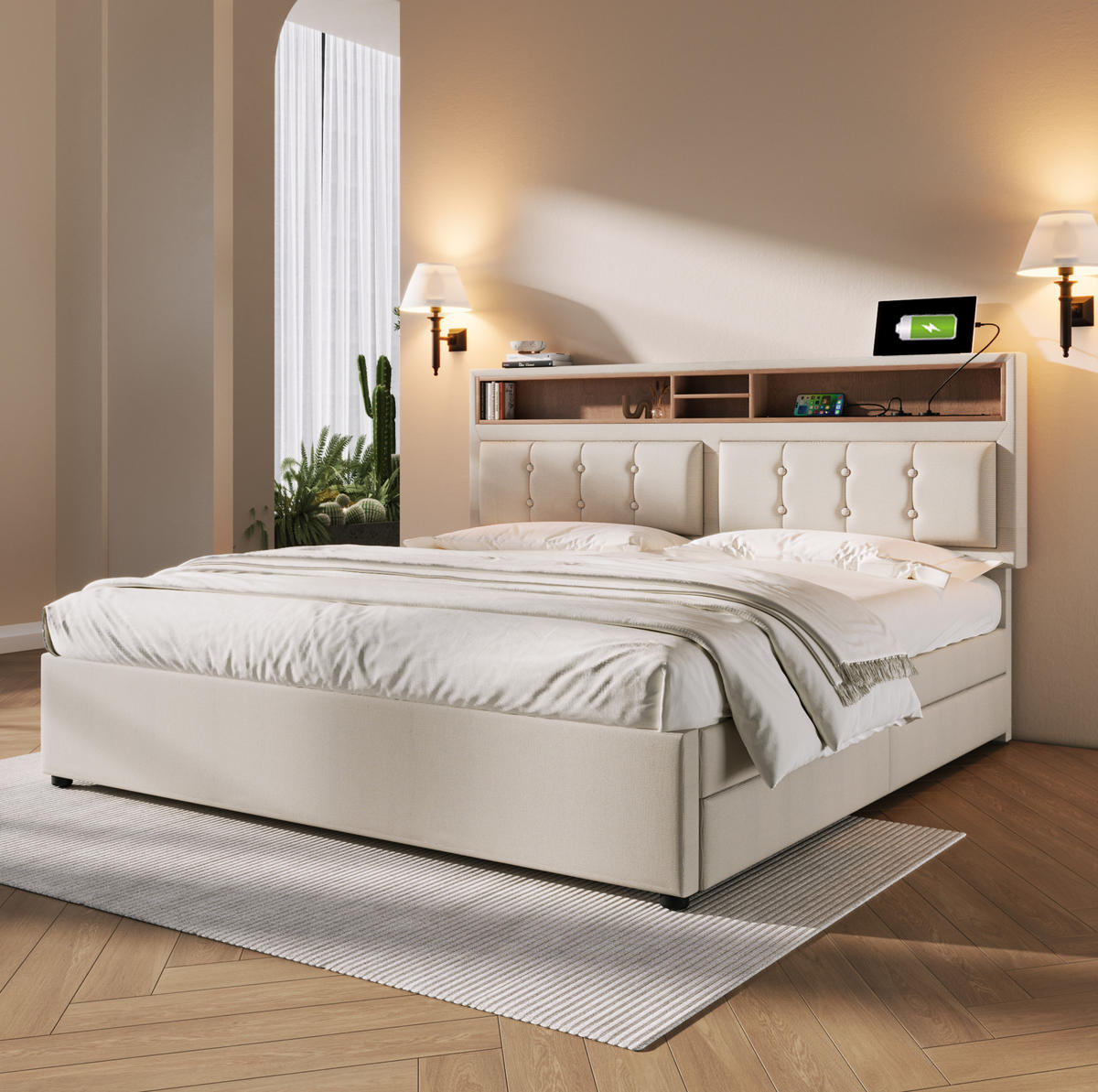 POLSTERBETT 160/200 cm beige mit USB-Anschlüssen und höhenverstellbarem Kopfteil mit Matratze - Beige, Textil (160/200cm) - OKWISH