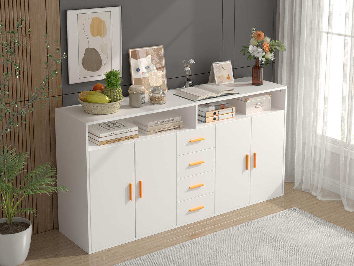HOMAVO Sideboard mit 4 Schubladen – Anrichte – Kommode – Maße: 160 x 81 x 40 cm (L x H x P) - Weiß, Holzwerkstoff/Metall (160/81/40cm) - HOMAVO