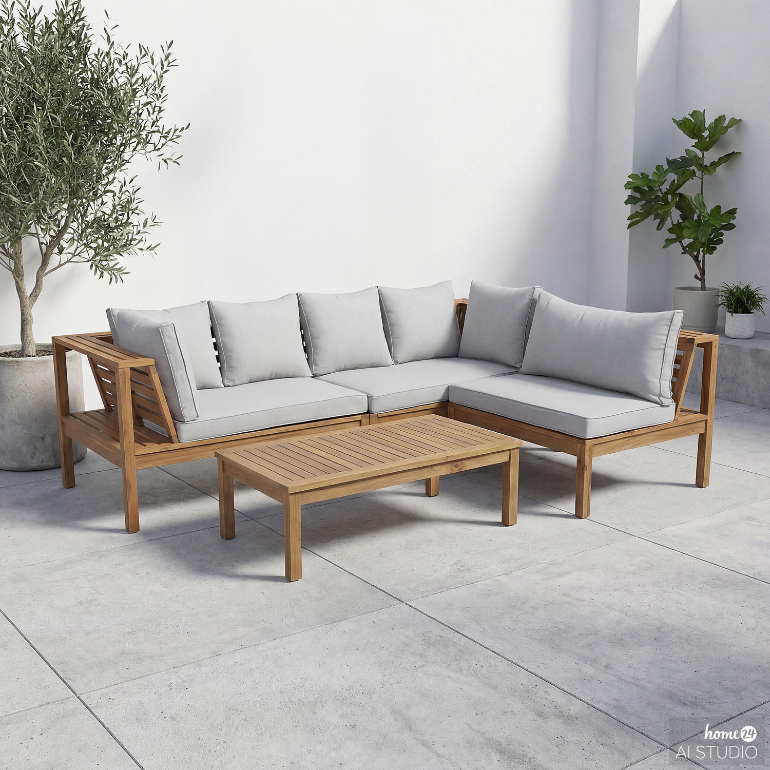 LOUNGESET - 4-teilig - Akazie massiv / Webstoff - Braun / Beige - Hellgrau, Holz/Textil - home24