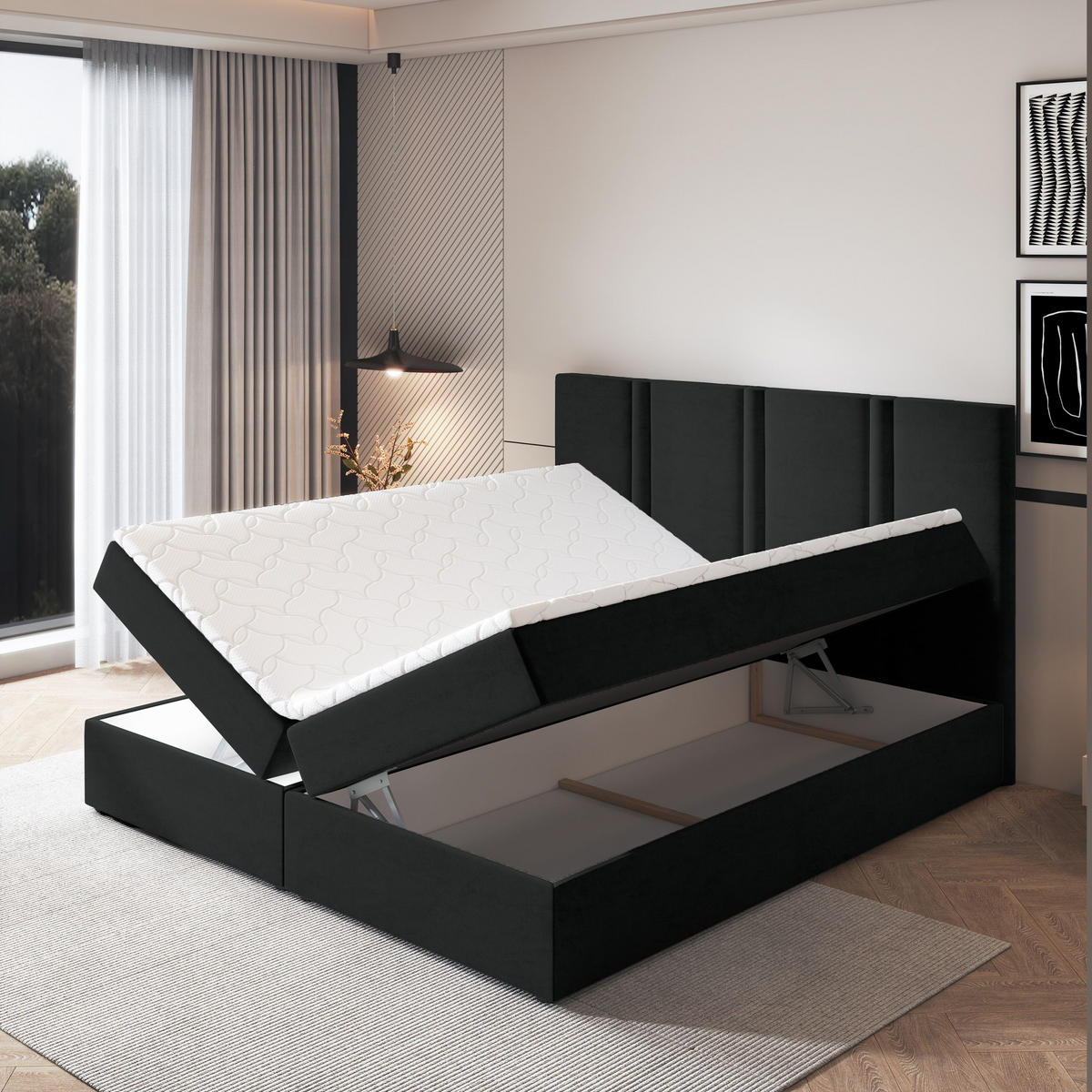 BOXBETT LARIO 160x200 cm mit Matratze und Topper - Schwarz - Schwarz, Holz (160/200cm) - MASSENO
