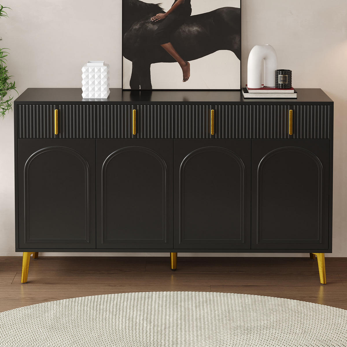 SIDEBOARD mit 4 Türen und 4 Schubladen, (MDF/Melamin), goldfarbenen Griffen und Beinen, 140/38/82 cm, Schwarz - Schwarz, Holzwerkstoff (140/82/38cm) - Redom