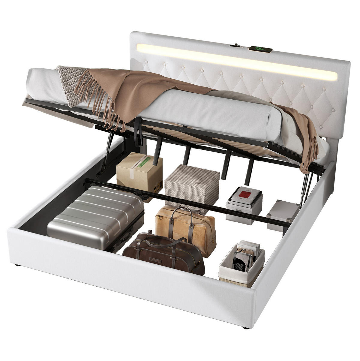 POLSTERBETT 180/200 cm aus Leinen mit LED-Beleuchtung, USB- und USB-C-Anschluss und hydraulischem Stauraum, Weiß - Weiß, Textil (180/200cm) - Redom
