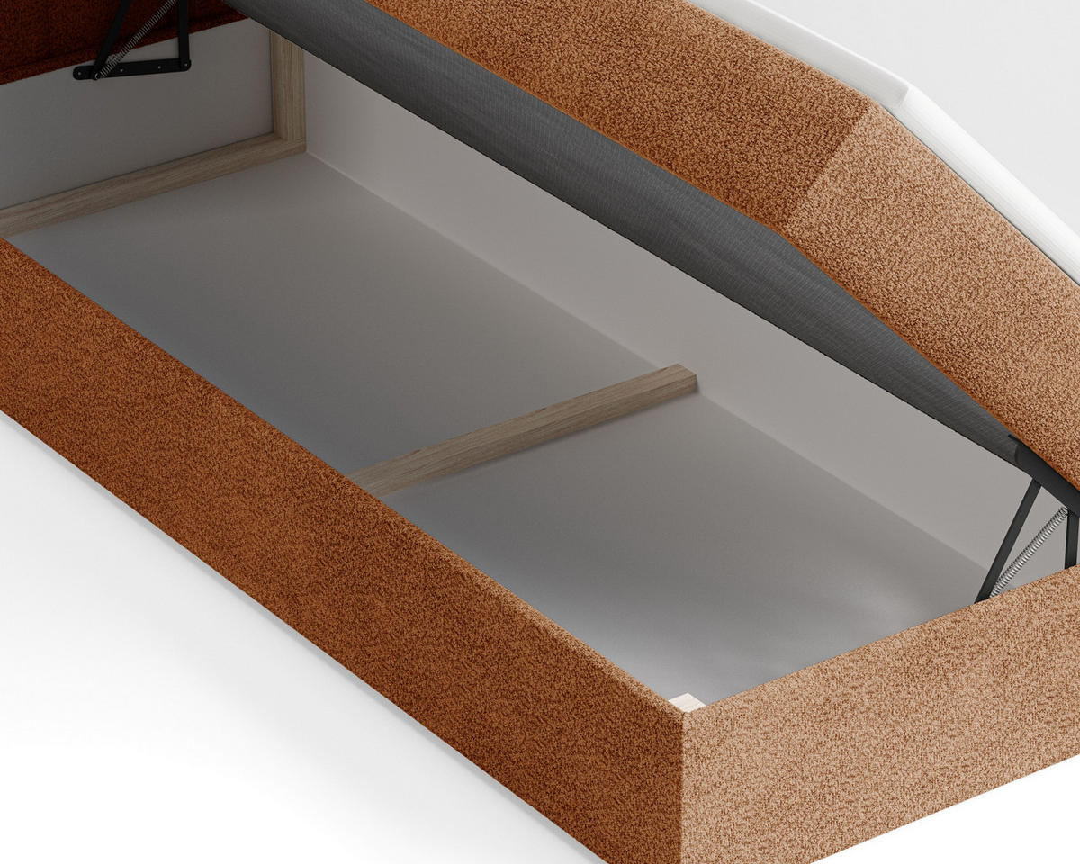 BOXBETT 01 140 x 200 cm - Arena – Stilvoll und bequem Mit Bettkasten, PU-Topper, Federmechanismus, waschbarer Bezug - Orange, Holz (140/200cm) - ROYAL24_MARKT