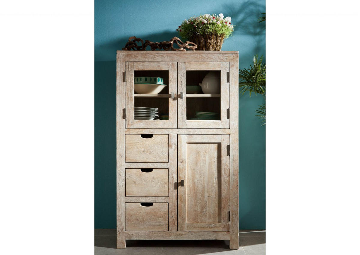 VITRINE Akazie 90x45x148 white stone getüncht NATURE WHITE #62 - Beige, Holz (90/148/45cm) - Massivmoebel24