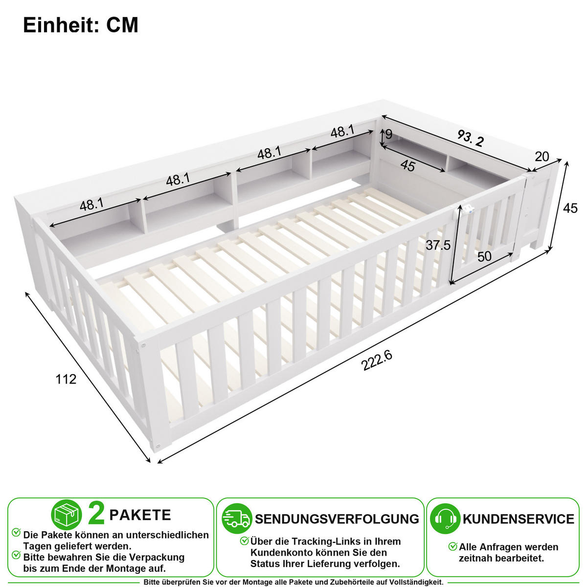KINDERBETT 90/200 cm in Weiß mit Stauraum, Sicherheitsgitter und Tür - Weiß, Holz/Holzwerkstoff (90/200cm) - CHICFURN