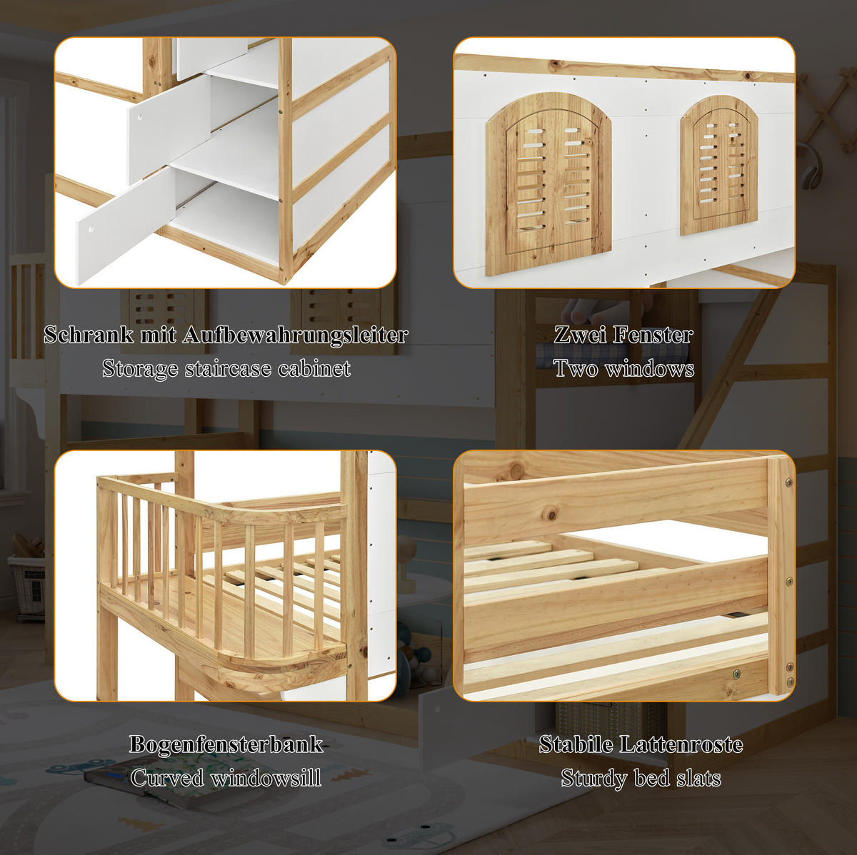 HOCHBETT 90x200 cm in Natur/Weiß mit Treppenschrank und Spielfläche - Weiß, Holz (90/200cm) - IVMEU
