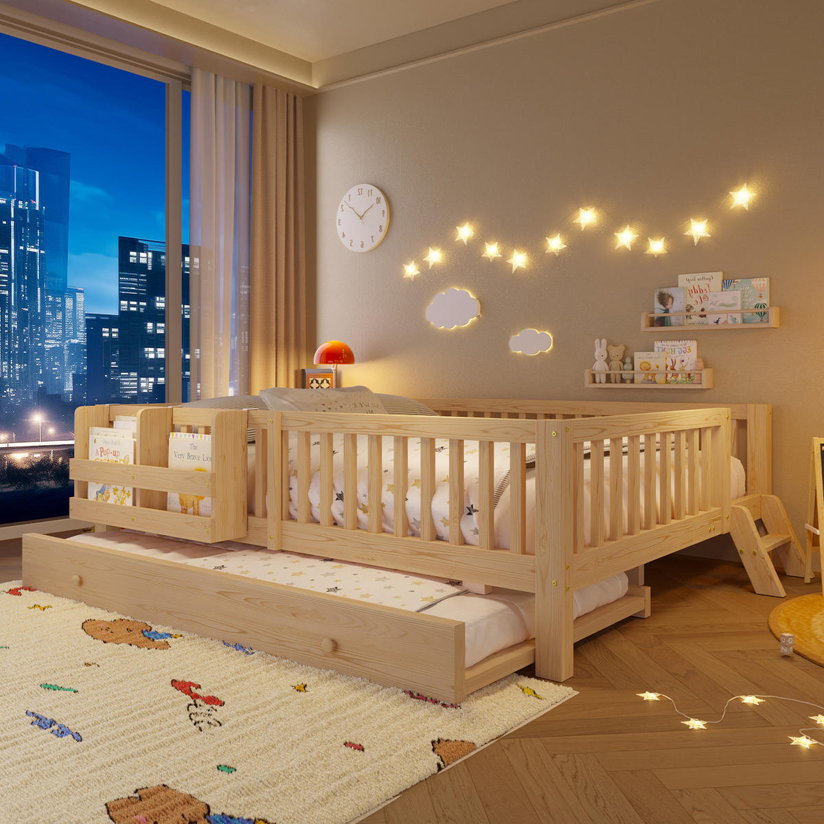 KINDERBETT 140/200 cm in Holzfarben mit Ausziehbett, Regal und Rausfallschutz Massivholz skandinavisches Design - Naturfarben, Holzwerkstoff (140/200cm) - STILVORA
