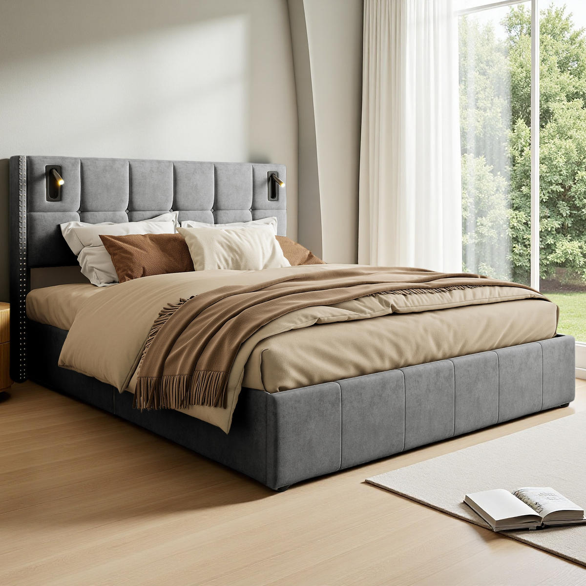 POLSTERBETT 160x200 cm USB Typ C Stauraum Lattenrost grau - Grau, Holz (160/200cm) - LEBENLANG