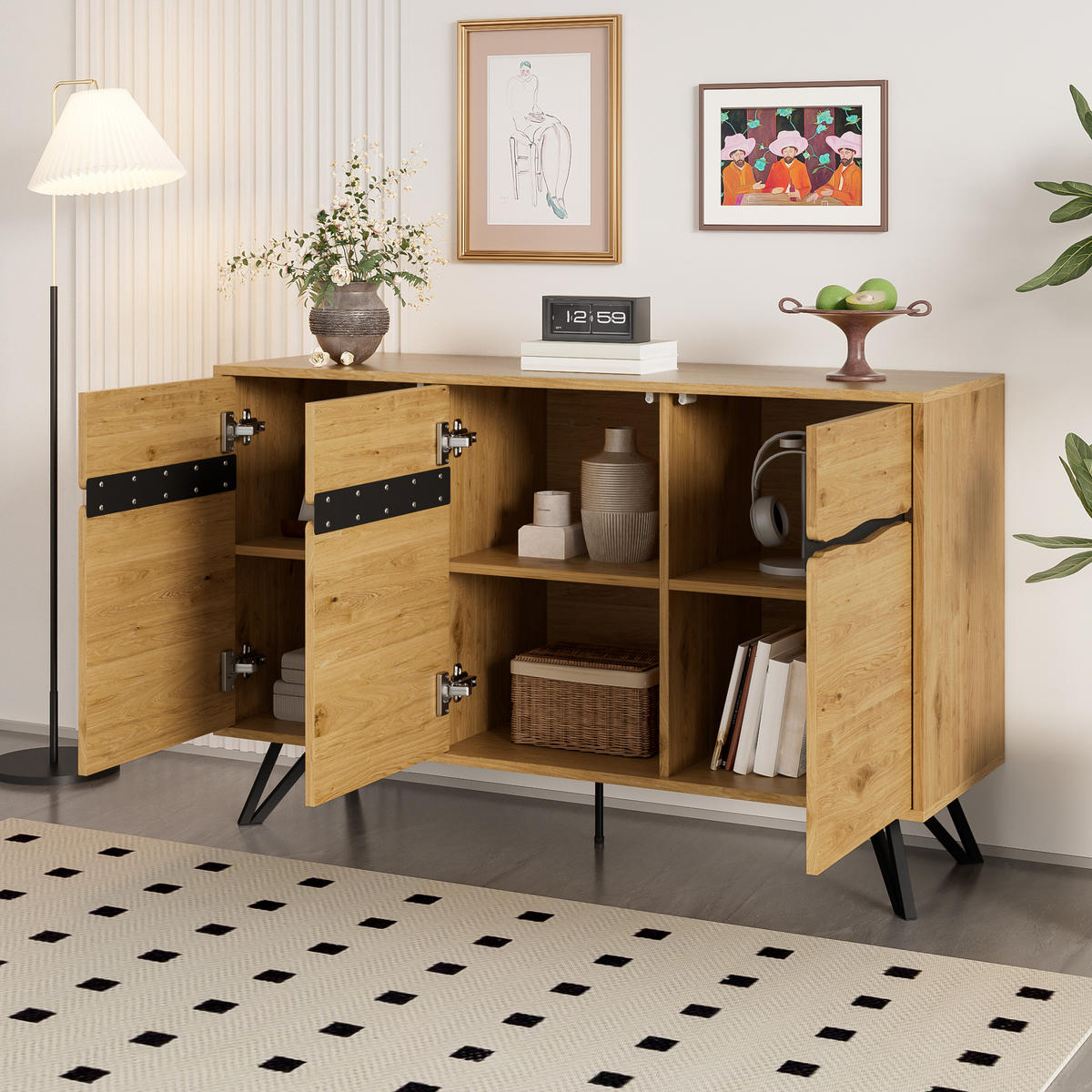 SIDEBOARD 140/40/75,5 cm mit 3 Türen in Holzoptik und schwarzen Metallbeinen - Naturfarben, Holzwerkstoff (40/75.5/140cm) - BEAOK
