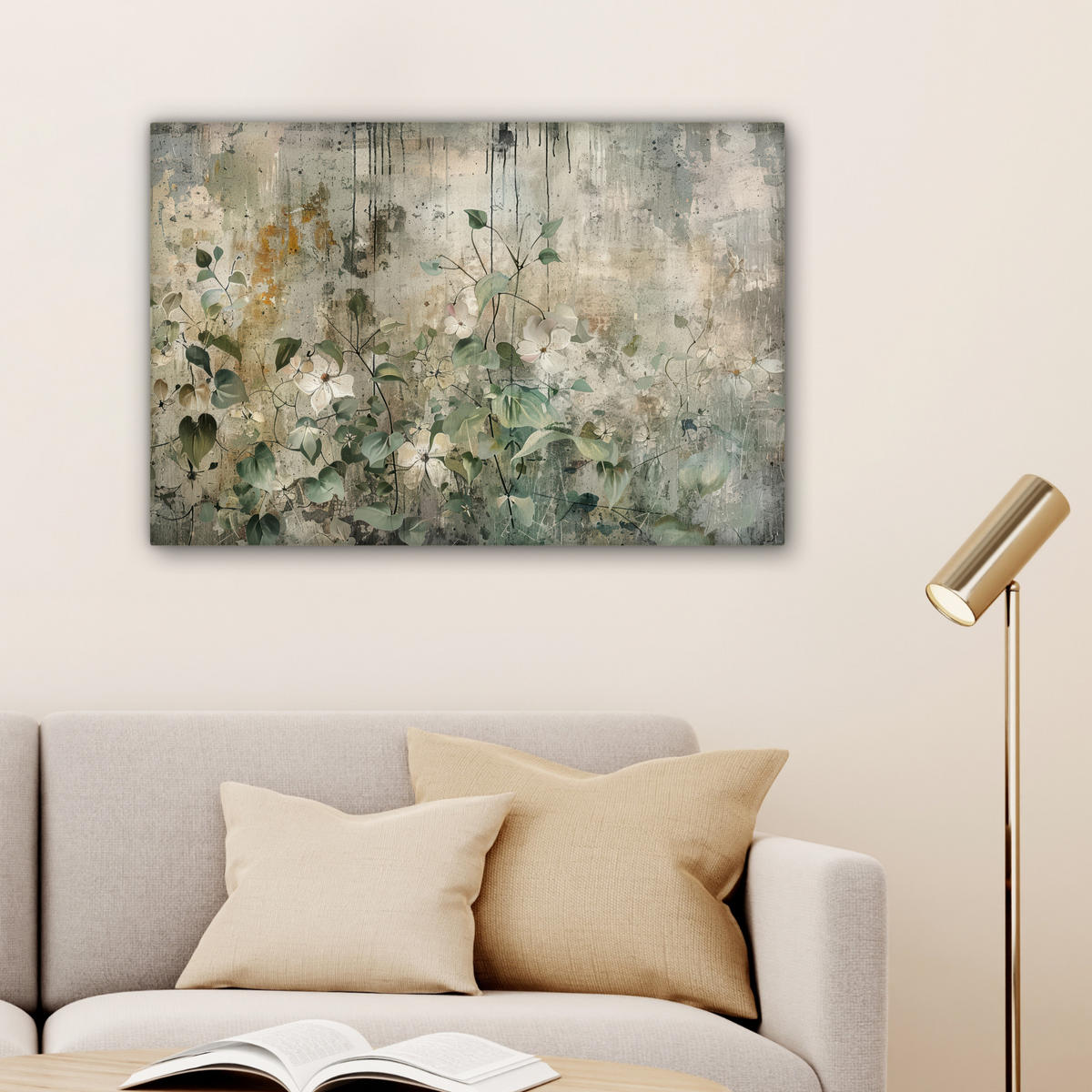 LEINWANDBILD - Blumen - Blätter - Abstrakt - Modern - 90x60 - Deko Wohnzimmer - Grau, Textil (90/60cm) - MuchoWow