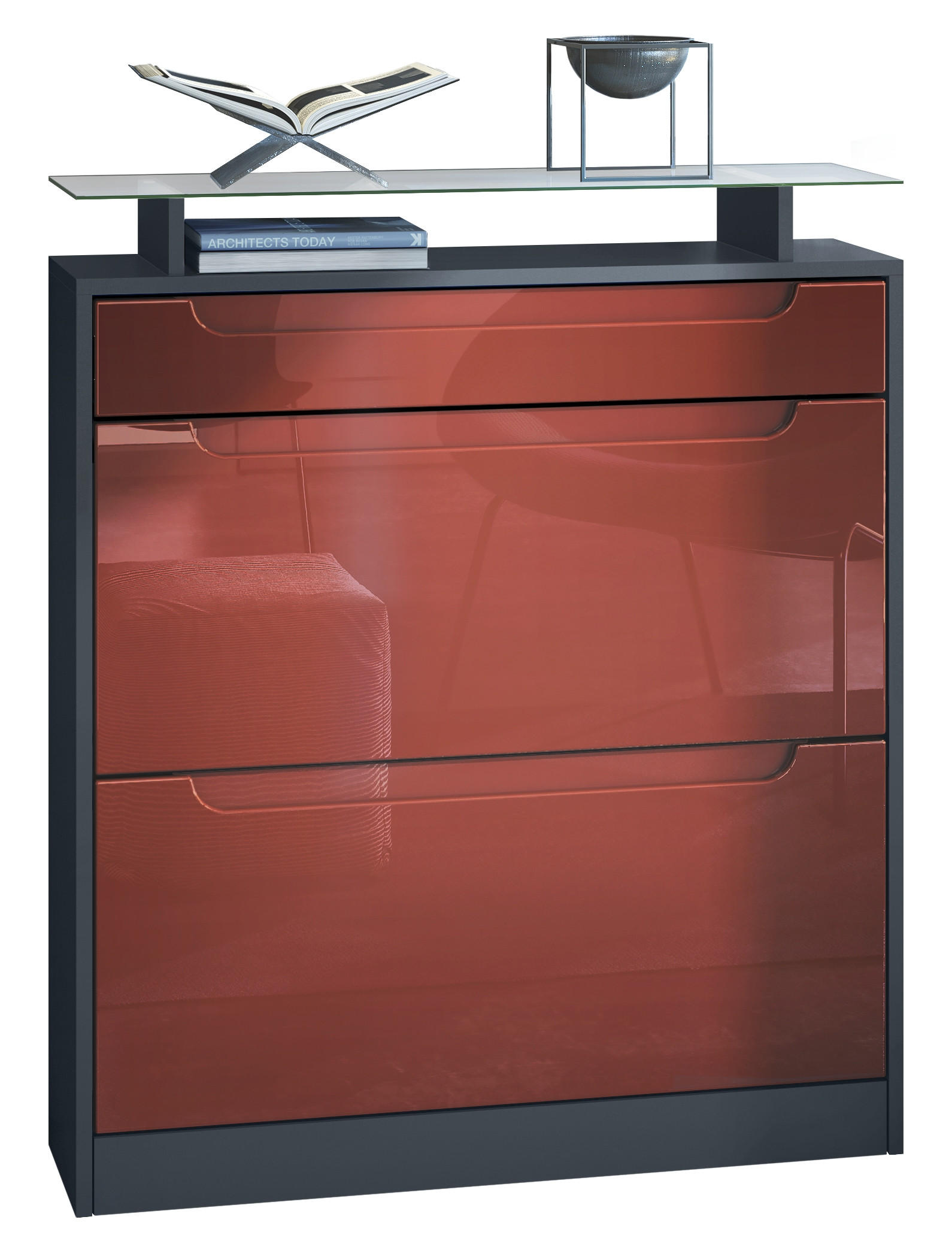 SCHUHSCHRANK Fiesta Fronten in Bordeaux Hochglanz, Griffmulden in Bordeaux Hochglanz - Bordeaux, Holzwerkstoff (89/104/23cm) - Vladon