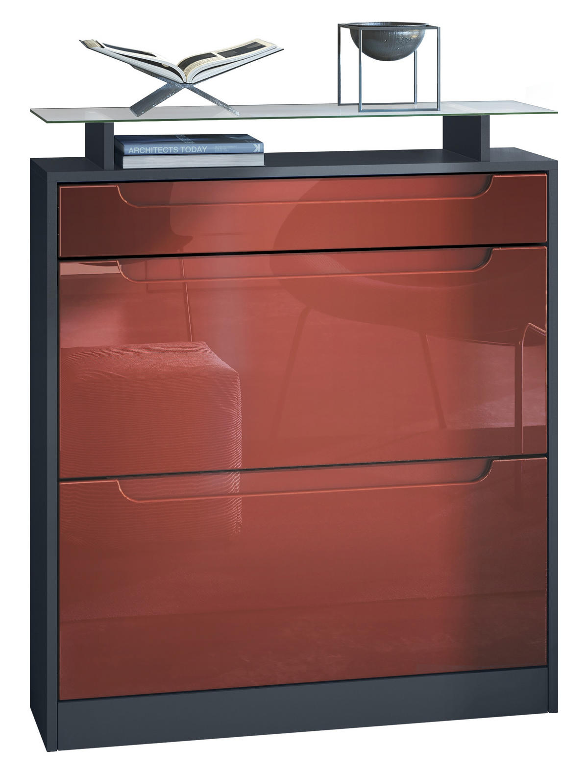 SCHUHSCHRANK Fiesta Fronten in Bordeaux Hochglanz, Griffmulden in Bordeaux Hochglanz - Bordeaux, Holzwerkstoff (89/104/23cm) - Vladon