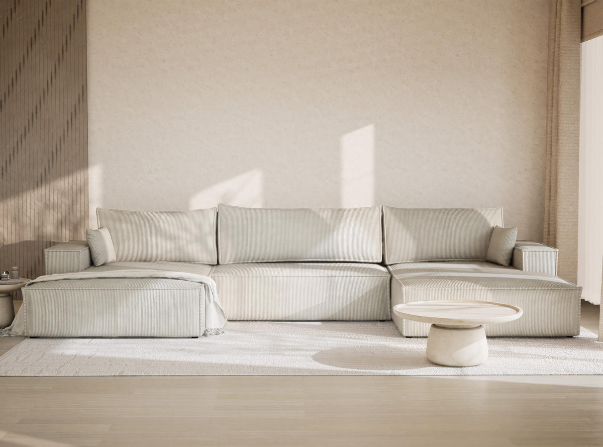 WOHNLANDSCHAFT Kyoto Creme Samtstoff - Creme/Schwarz, Holz/Holzwerkstoff (398/70/148cm) - Maison de Reve