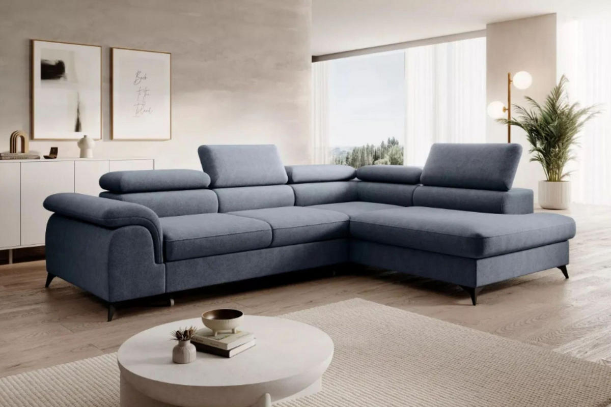 ECKSOFA PLAZA L Rechts mit Schlaffunktion 125x195 Velours Blaugrau - Blaugrau/Schwarz, Holz/Kunststoff (275/205cm) - Muffo