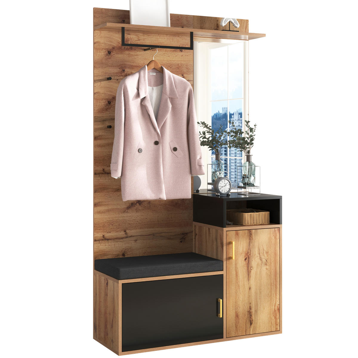 GARDEROBENSET Spiegel Haken Schuhbank - Schwarz, Holz (105/191.5/40cm) - LEBENLANG