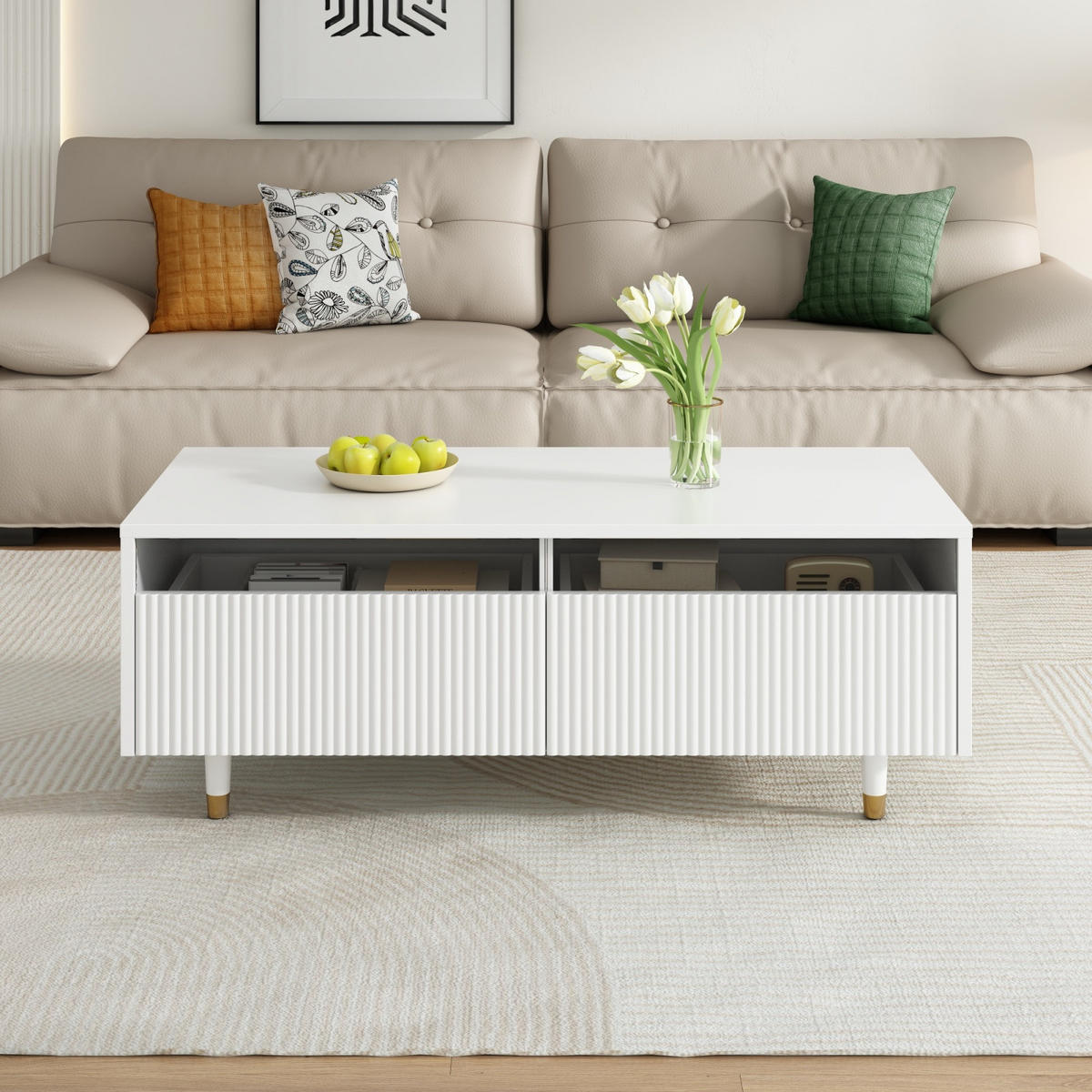 COUCHTISCH Weiß mit LED, Wellendesign und goldfarbenen Beinen - Weiß, Metall (110/50/40cm)