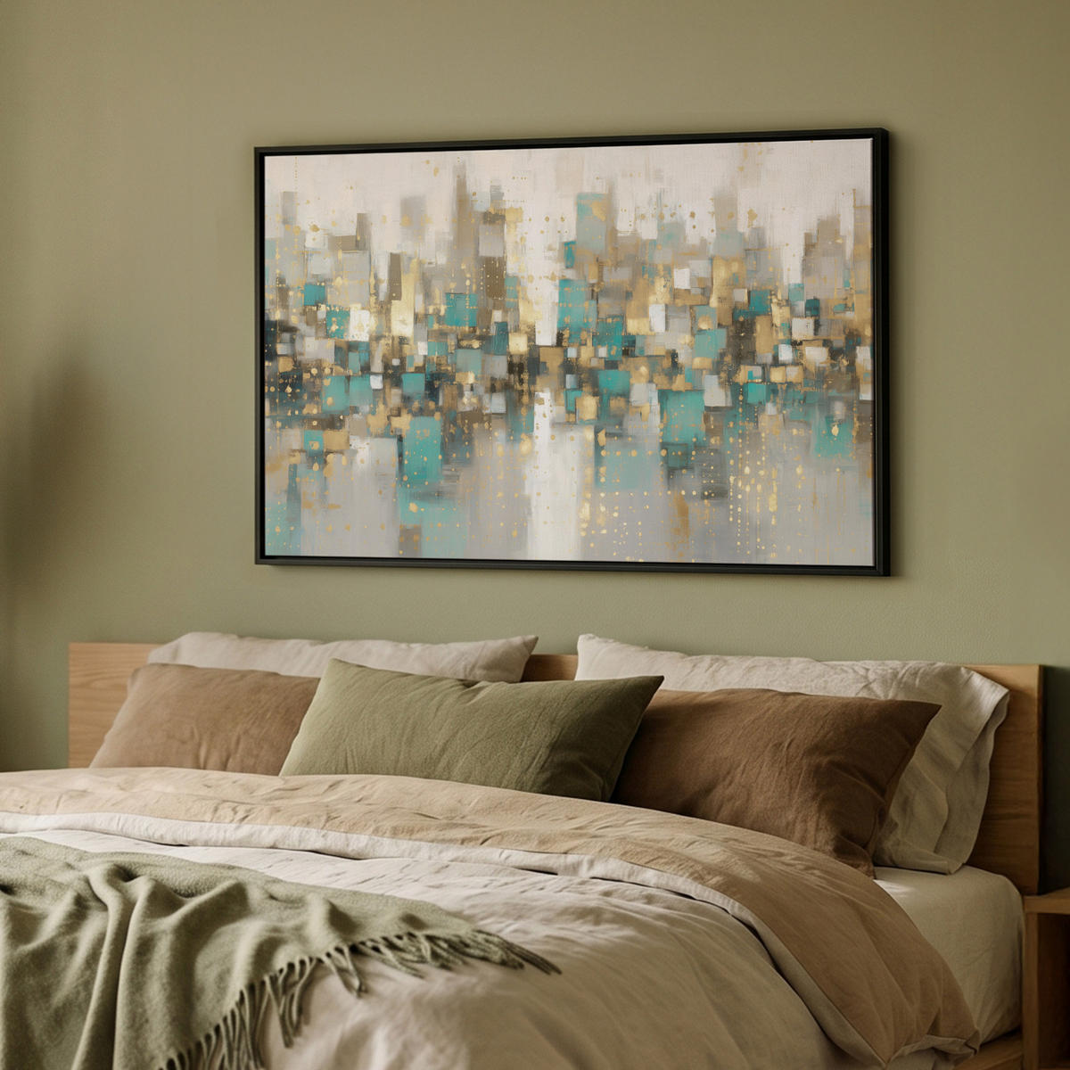 LEINWAND Bilder mit Rahmen - Abstrakt - Blöcke - Gold - Skyline - 90x60 - Beige, Textil (90/60cm) - MuchoWow