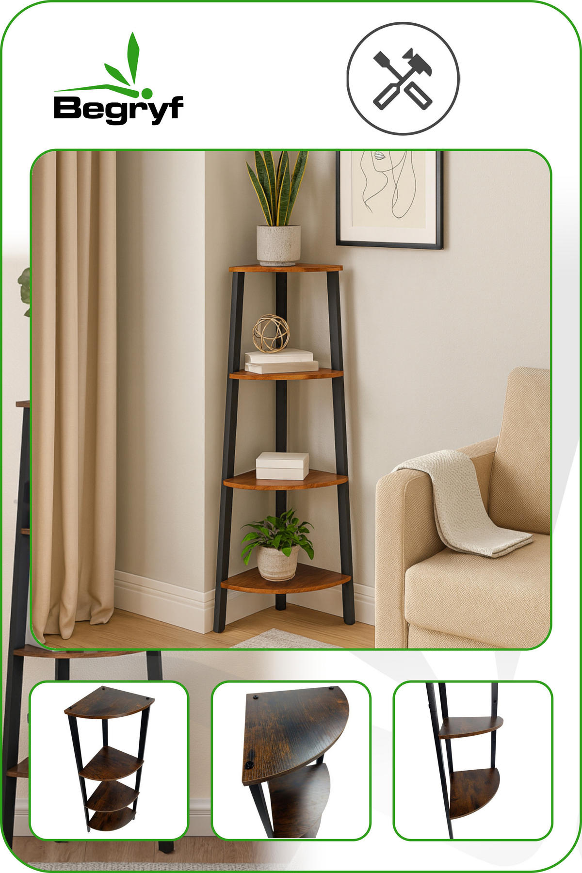 ECKREGAL Holzoptik Metall Dunkelbraun Schwarz Standregal 125x34x34 cm - Dunkelbraun/Schwarz, Holzwerkstoff/Metall (34/125/34cm) - Begryf