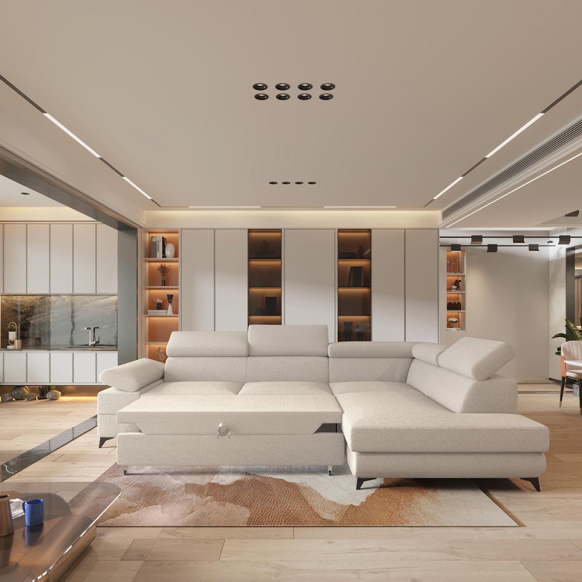 ECKSOFA FAVIEN R-S Creme Boucle-Stoff mit Schlaffunktion - Creme, Holz (257/190cm) - MASSENO