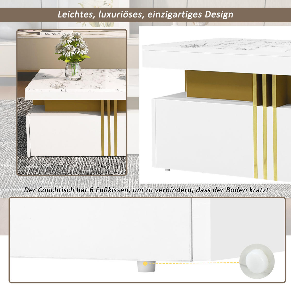 LOWBOARD in Weiß mit Marmor-Optik und Schubladen für Wohnzimmer, B200/T40/H42 cm - Weiß, Holzwerkstoff (200/42/40cm) - STILVORA