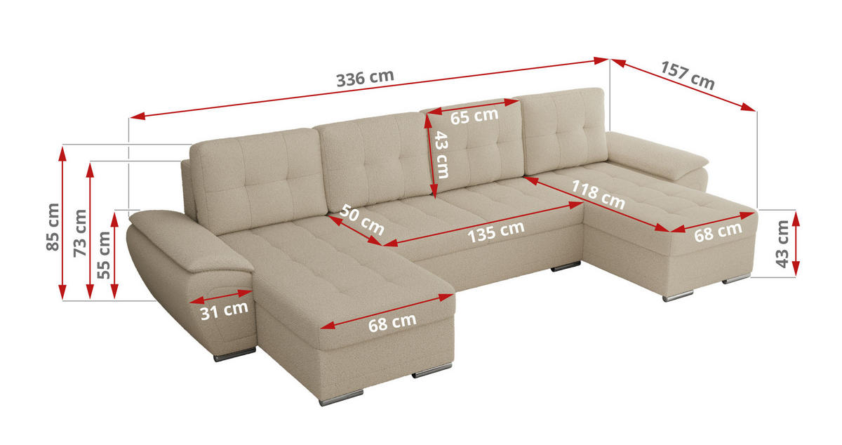 WOHNLANDSCHAFT UMBRIA U Beige Boucle - Beige/Grau, Textil/Metall (336/85/157cm) - MKS
