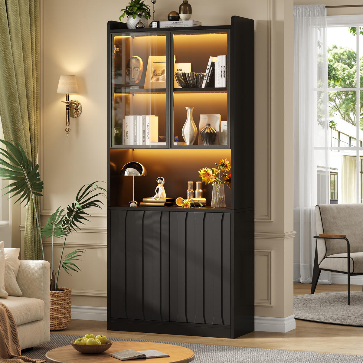 VITRINE 80x35x200 cm Schwarz mit LED und Glastüren - Schwarz, Holzwerkstoff (80/200/35cm) - FLIEKS