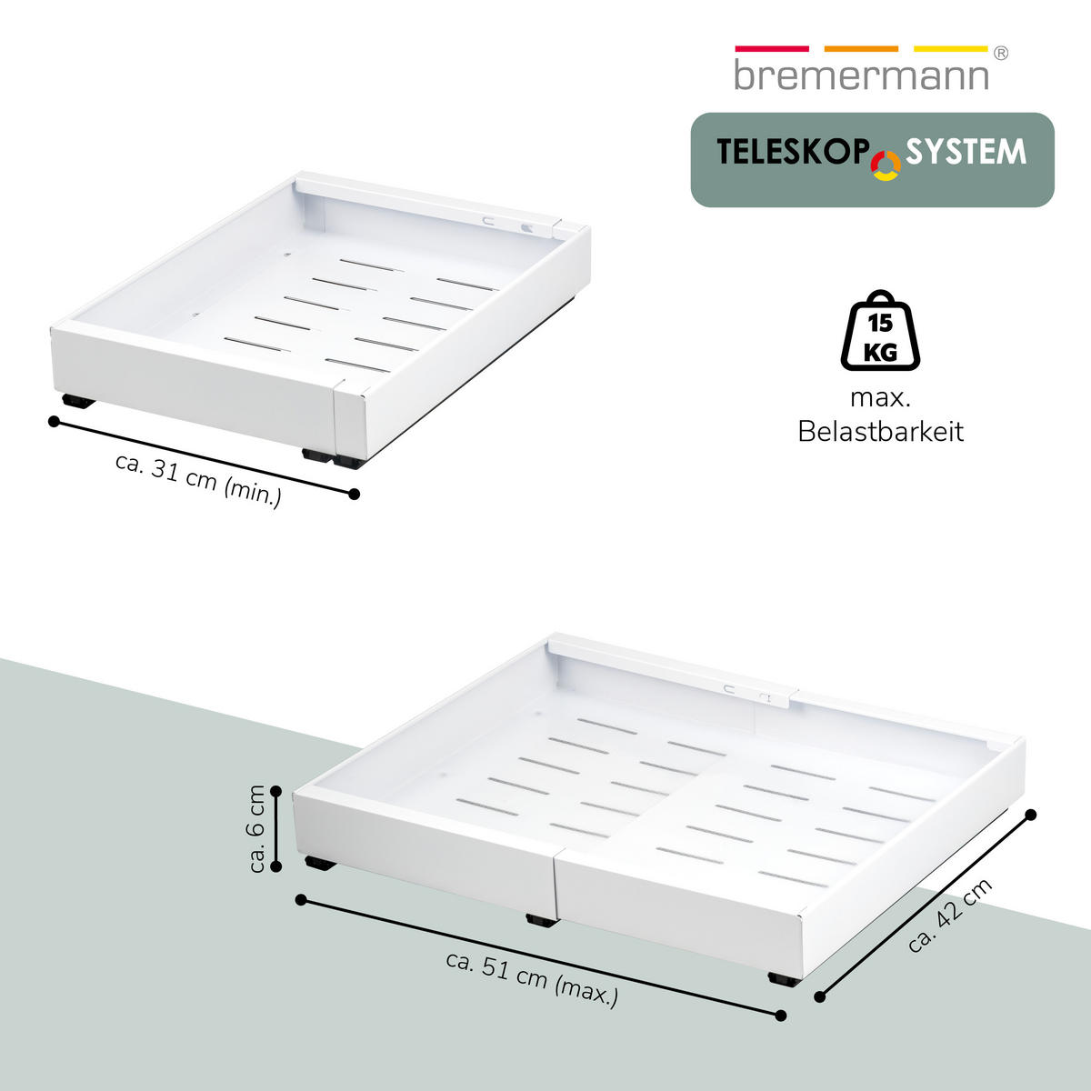 TELESKOPSCHUBLADE, ausziehbar, Metall, weiß - Weiß, Metall (51/6/42cm) - bremermann