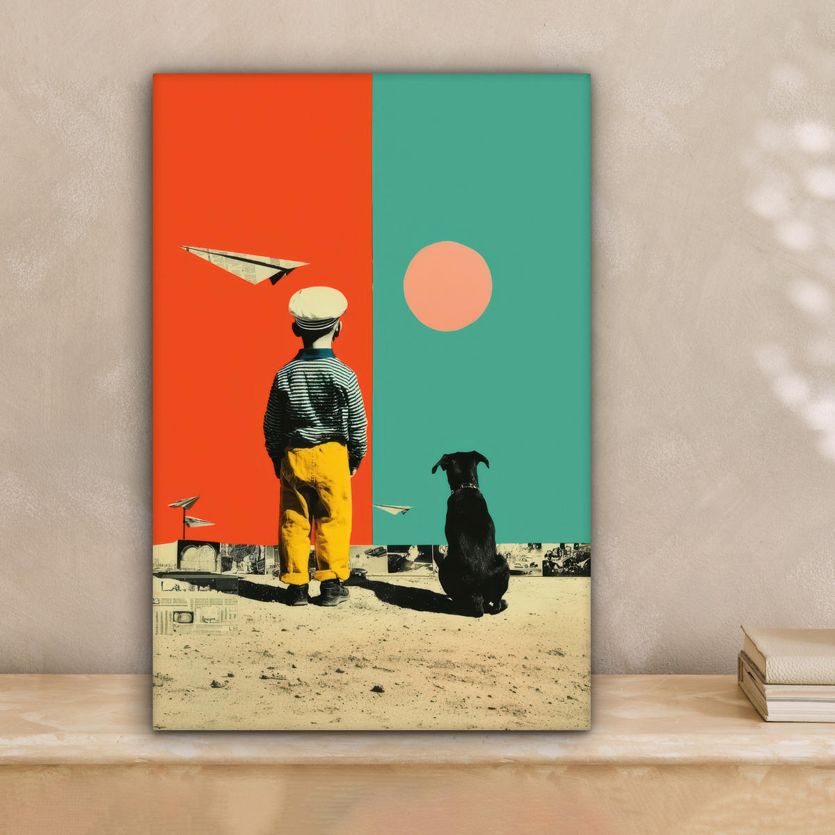 LEINWANDBILD Retro - Junge - Hund - Rot - Grün Deko Wohnzimmer 20x30 cm - Orange, Textil (20/30cm) - MuchoWow