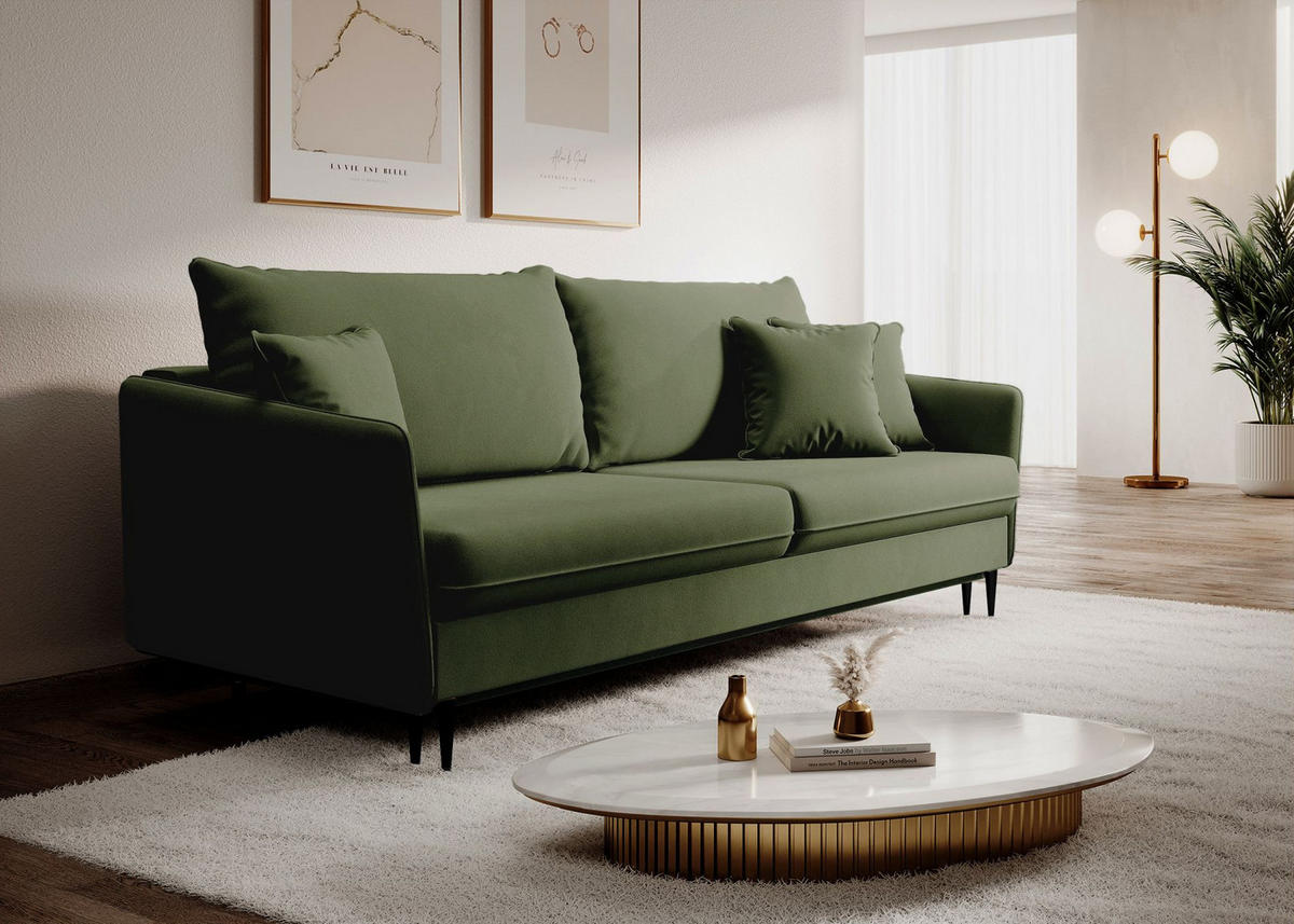 3-SITZER SCHLAFSOFA Volio Samt Olivgrün - Schwarz/Olivgrün, Textil/Metall (221/90/100cm) - Selsey
