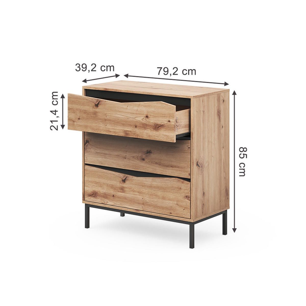 KOMMODE Elvano, Eiche/Schwarz, 79.2 x 85 cm mit 3 Schubladen - Eichefarben/Schwarz, Holzwerkstoff (79.2/85/39.2cm) - Vicco
