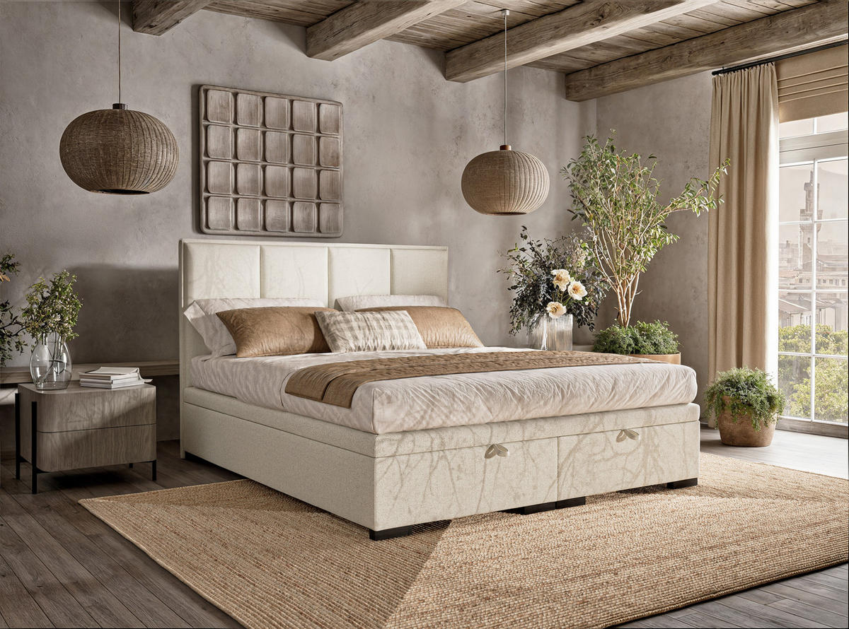 POLSTERBETT Fogo 140/200 cm, in Creme, Bettkasten, gepolstertes Kopfteil - Creme/Schwarz, Holz/Holzwerkstoff (140/200cm) - Maison de Reve