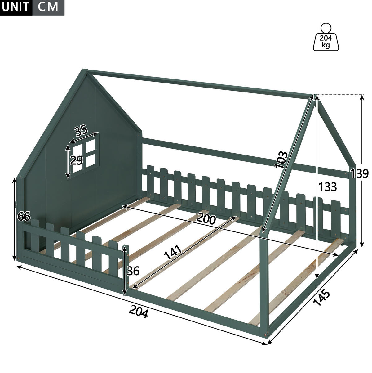 KINDERBETT 140/200 cm in Hausform mit Geländer aus Kiefer und MDF, Grün - Grün, Holzwerkstoff (140/200cm) - Redom