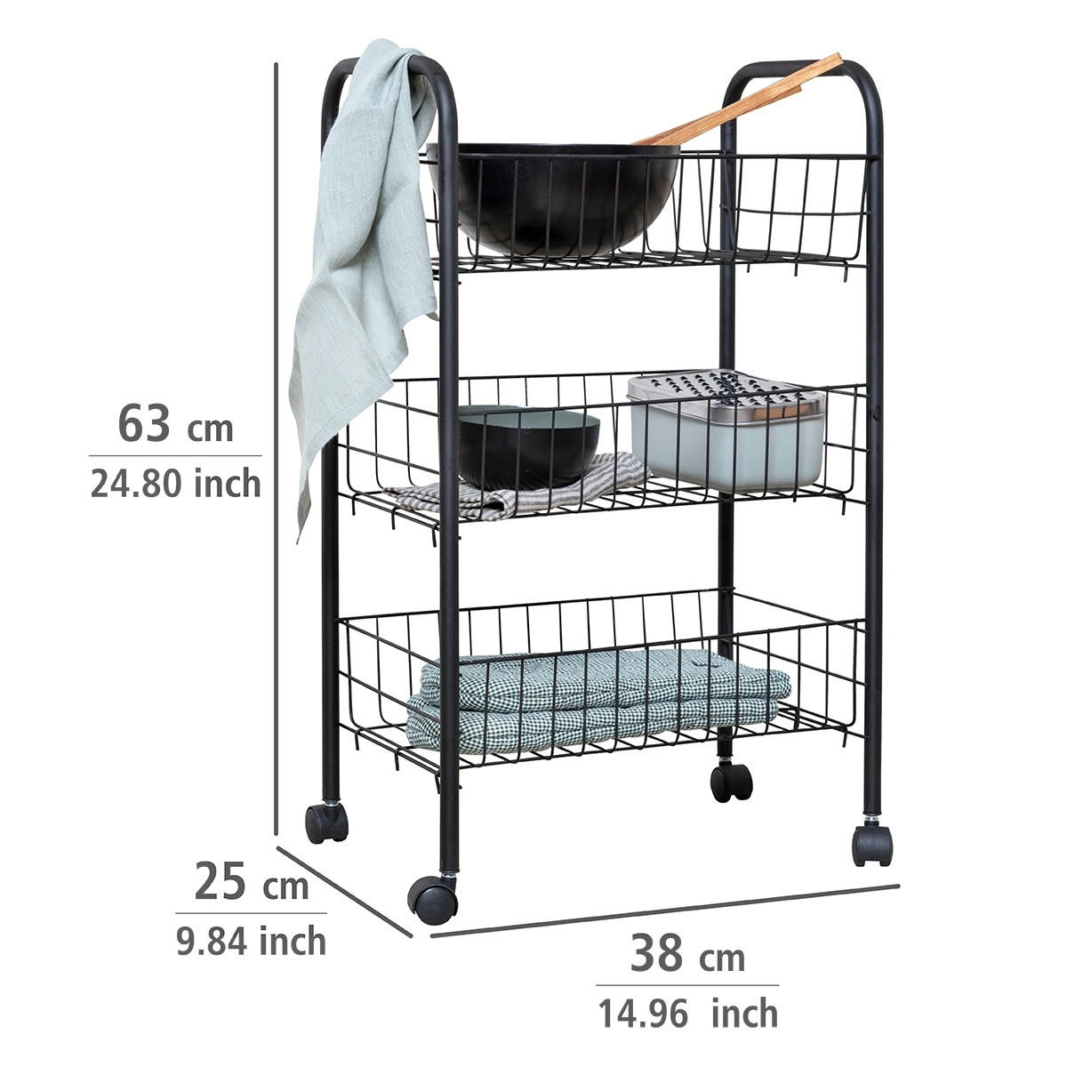 AUFBEWAHRUNGSWAGEN Florenz Black Schwarz 25/38/63 cm - Schwarz, Metall (38/63/25cm) - Wenko