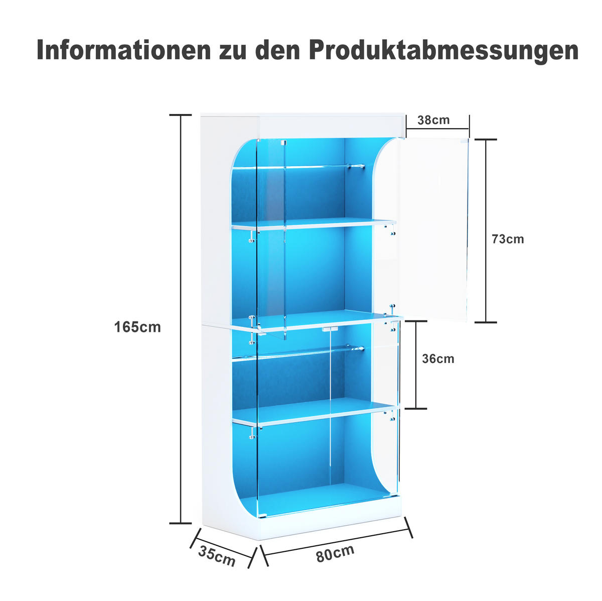 VITRINE 80/35/165 cm in Weiß mit LED-Beleuchtung und USB- und Type-C-Anschlüssen - Weiß, Holzwerkstoff (80/165/35cm) - Flora Grace